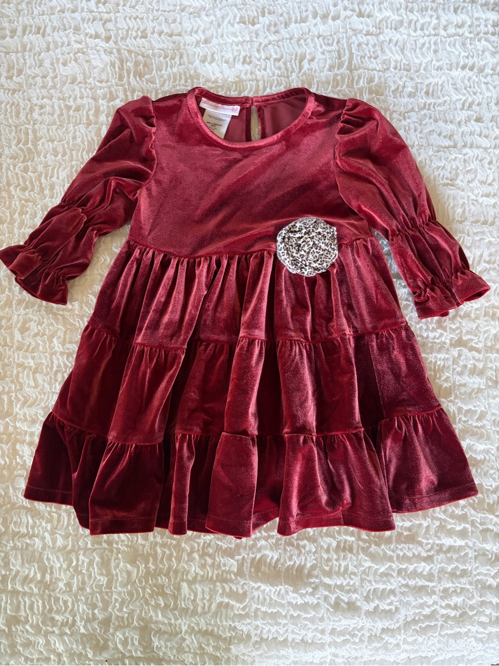 Bonnie Jean Girls 5T Velvet Tiered Dress Dark Red with flower Accent - Red